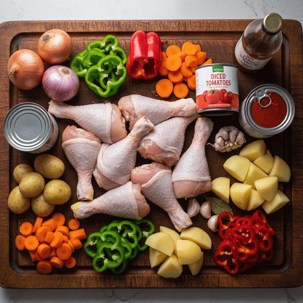Photorealistic, overhead shot of all the raw ingredients for Chicken Afritada ne