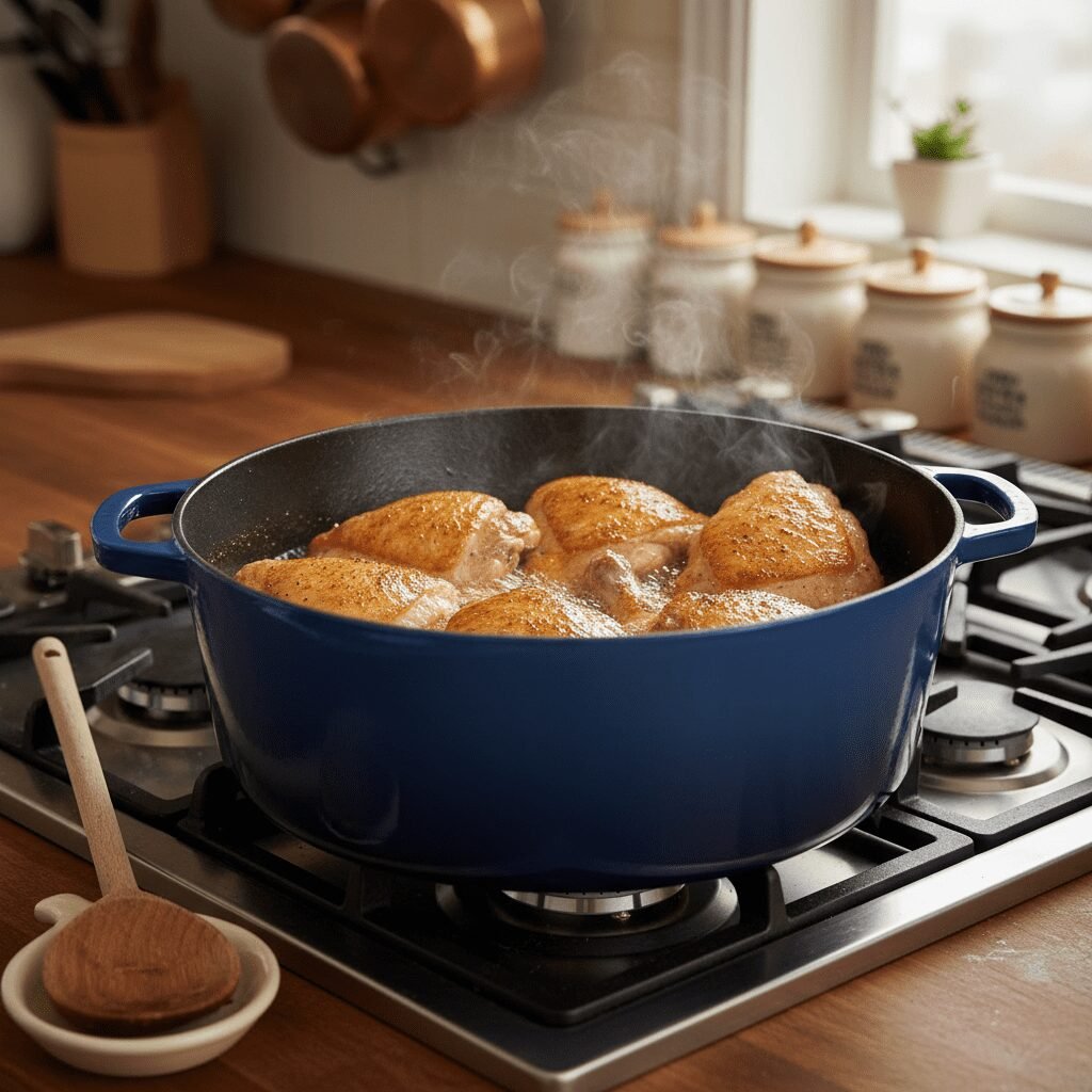 Photorealistic, close-up shot of chicken pieces searing in a large, heavy-bottom