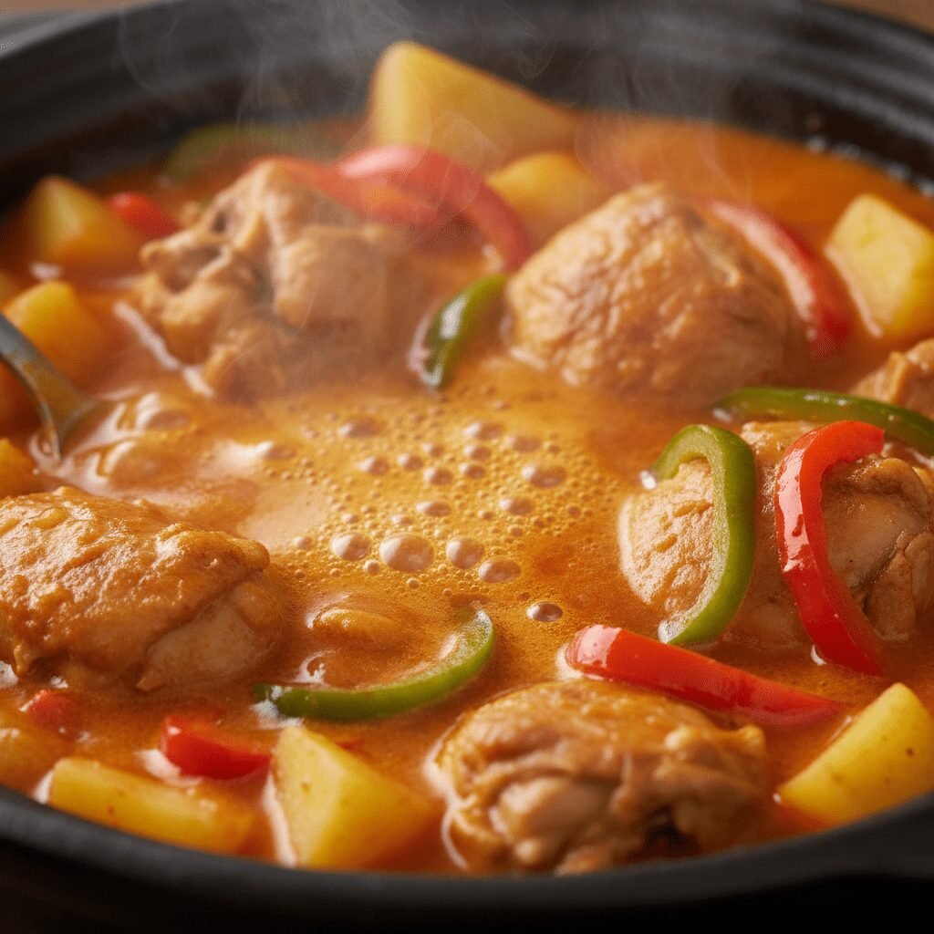 Photorealistic, extreme close-up of the simmering Chicken Afritada in the pot, s