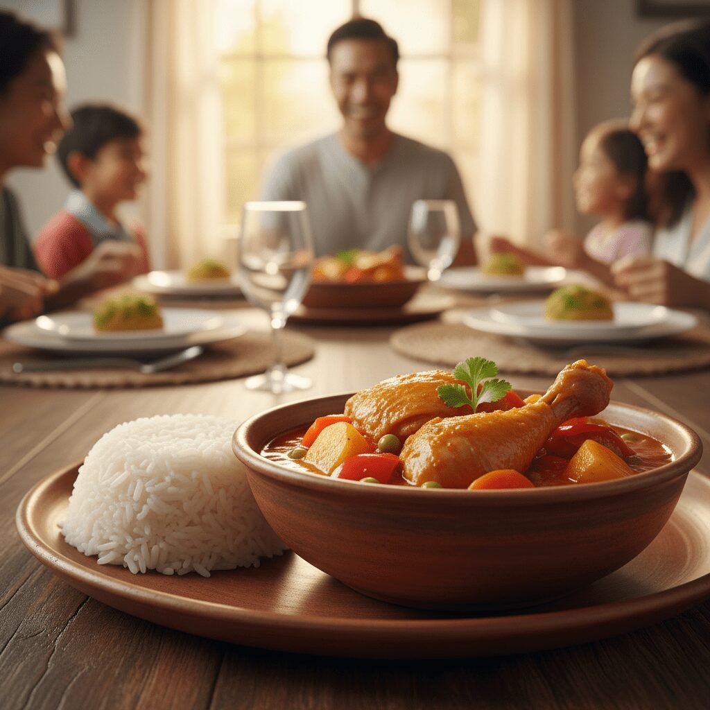 Photorealistic, beautifully plated individual serving of Chicken Afritada in a d