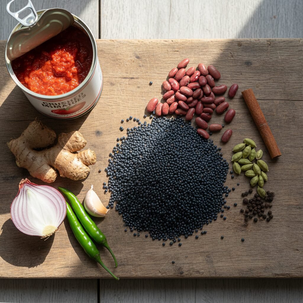 Photorealistic, overhead shot of raw ingredients for Creamy Black Lentils laid o