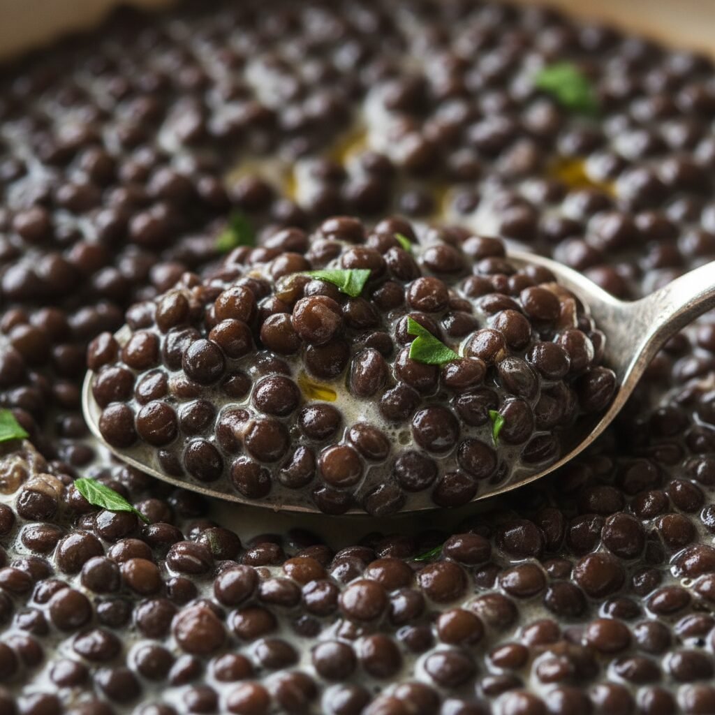 Photorealistic, extreme close-up of the creamy texture of the cooked black lenti
