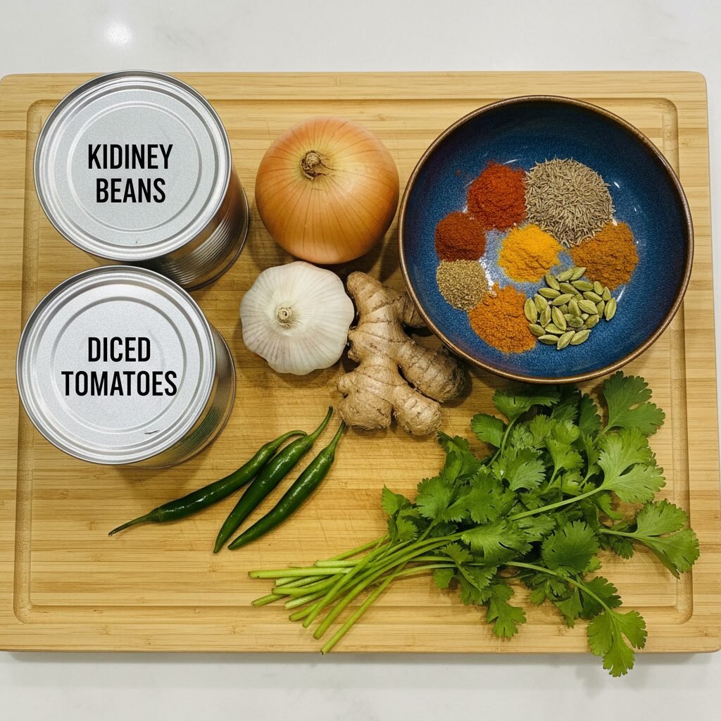 Photorealistic, overhead shot of all the raw ingredients laid out neatly on a cl