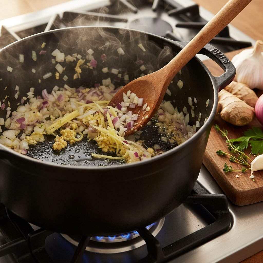 Photorealistic, close-up shot of chopped onions, minced garlic, and grated ginge