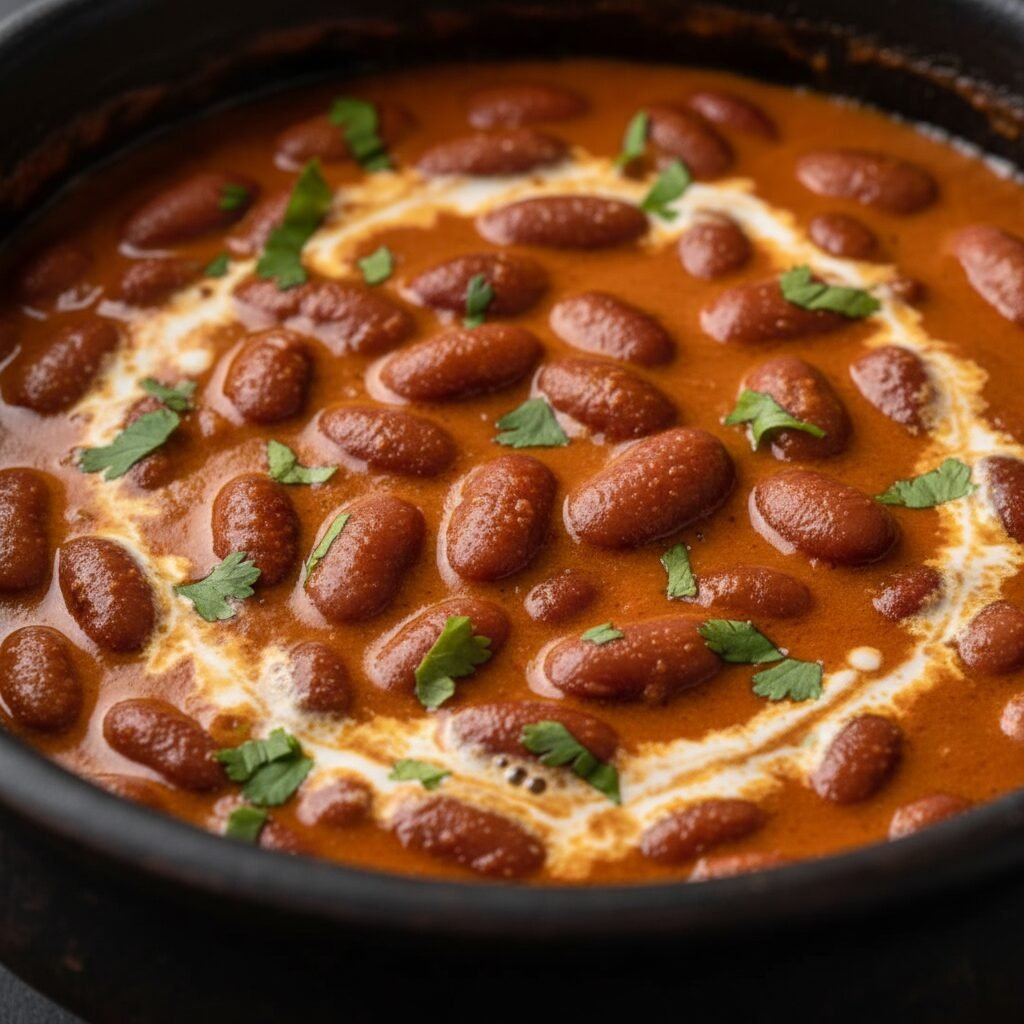 Photorealistic, extreme close-up of the creamy kidney bean curry in the pot, sho
