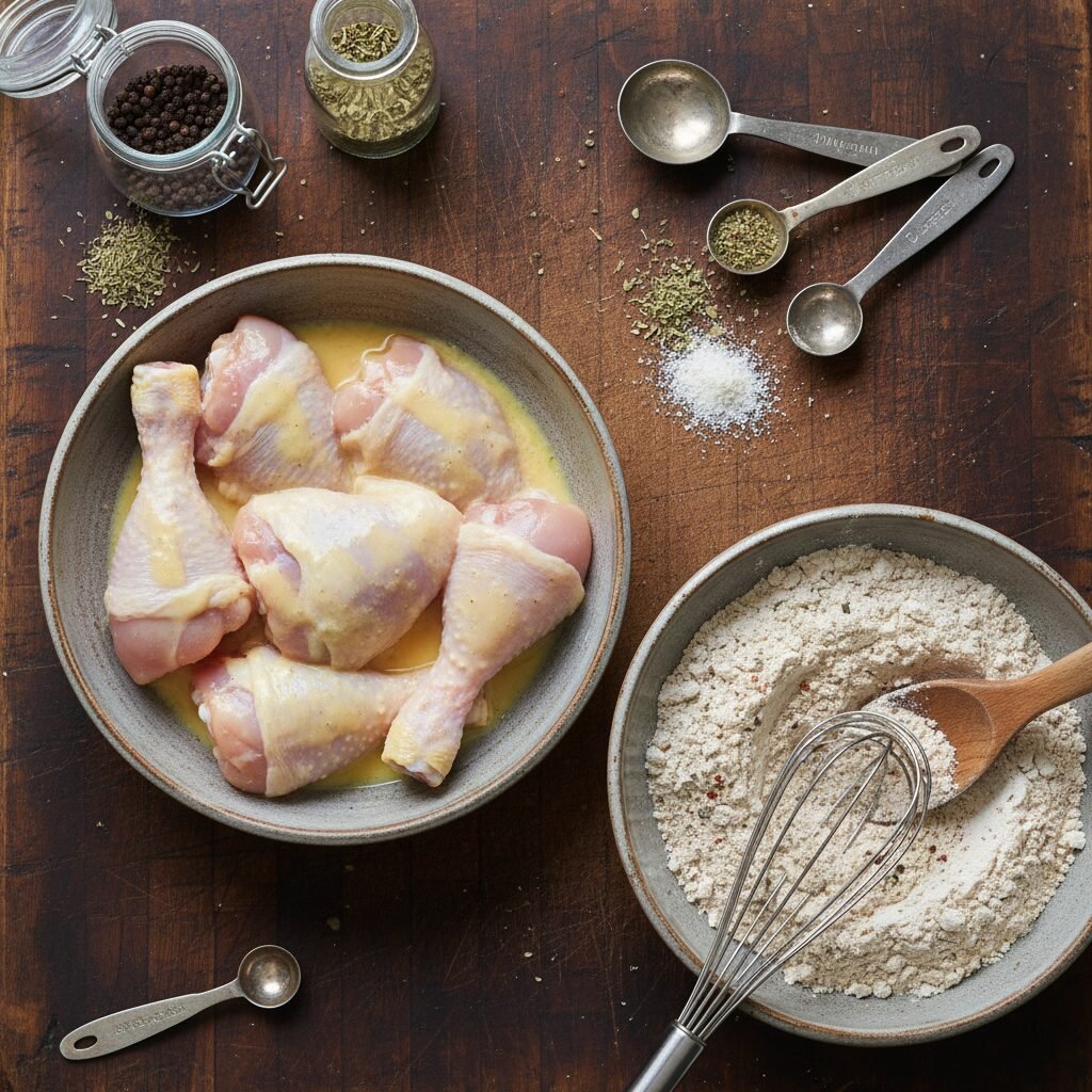 Photorealistic, overhead shot of raw chicken pieces marinating in an egg wash, n