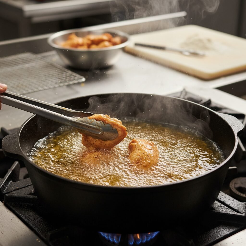 Photorealistic, action shot of chicken pieces being carefully lowered into a dee