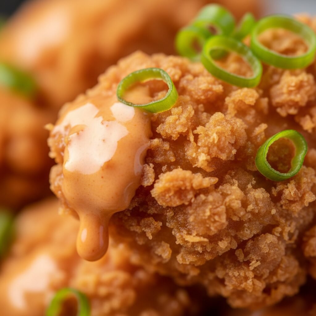Photorealistic, extreme close-up shot of a single piece of Crispy Bang Bang Chic