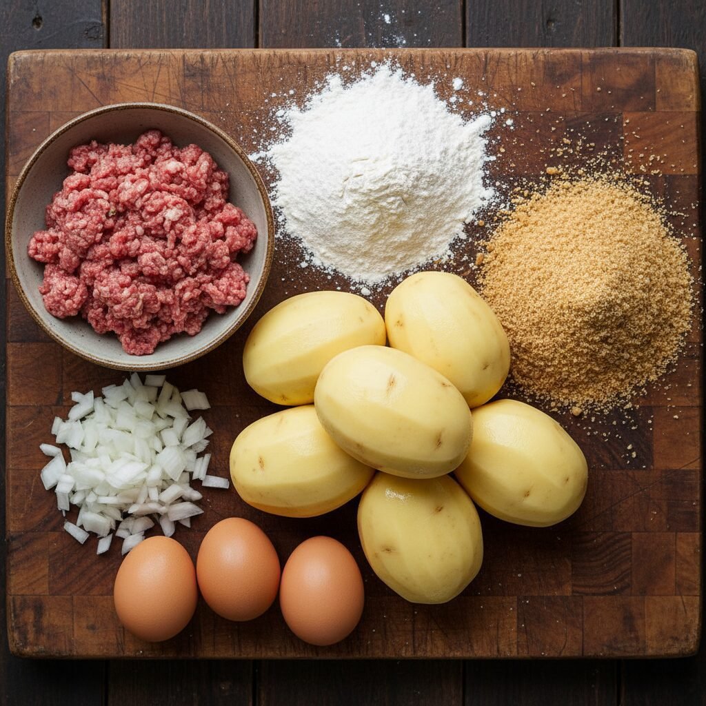 Photorealistic, top-down shot of all the raw ingredients for Korokke laid out ne