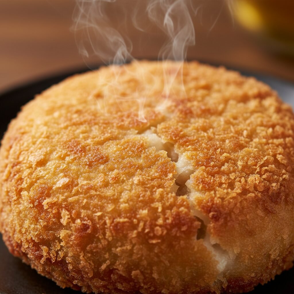 Photorealistic, extreme close-up shot of the crispy, golden-brown exterior of a