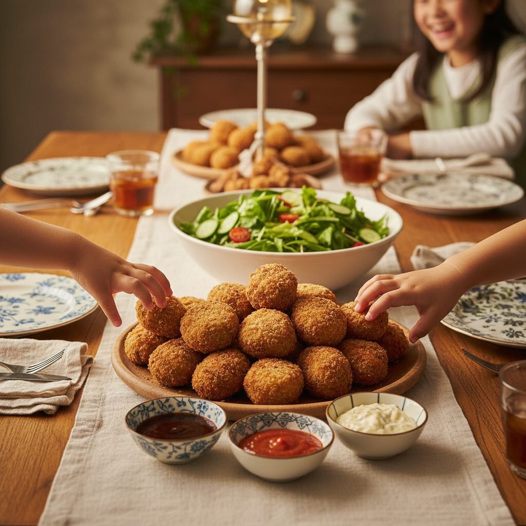 Photorealistic, family-style serving of Korokke on a beautifully set dinner tabl