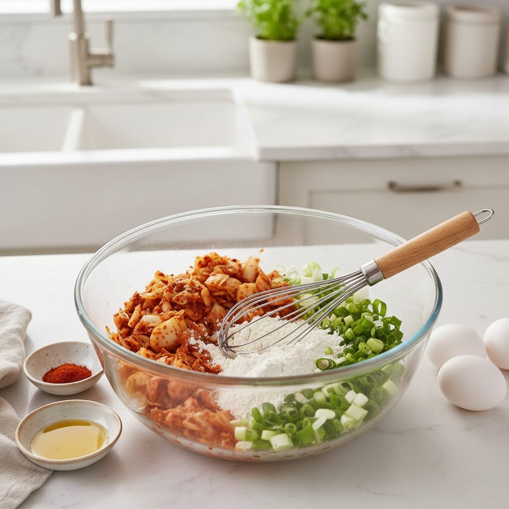 Photorealistic, overhead shot of a mixing bowl with all the raw ingredients for 