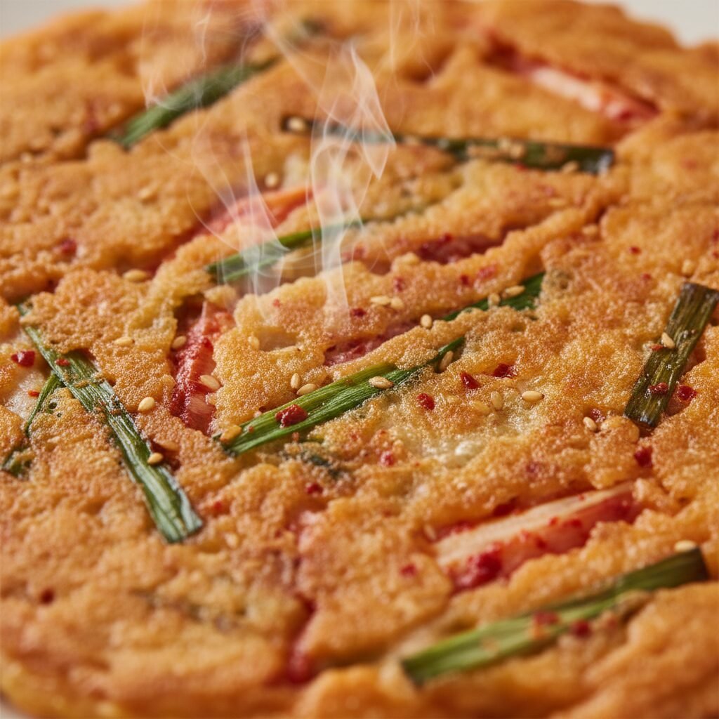Photorealistic, extreme close-up of a single wedge of crispy kimchi pancake, sho
