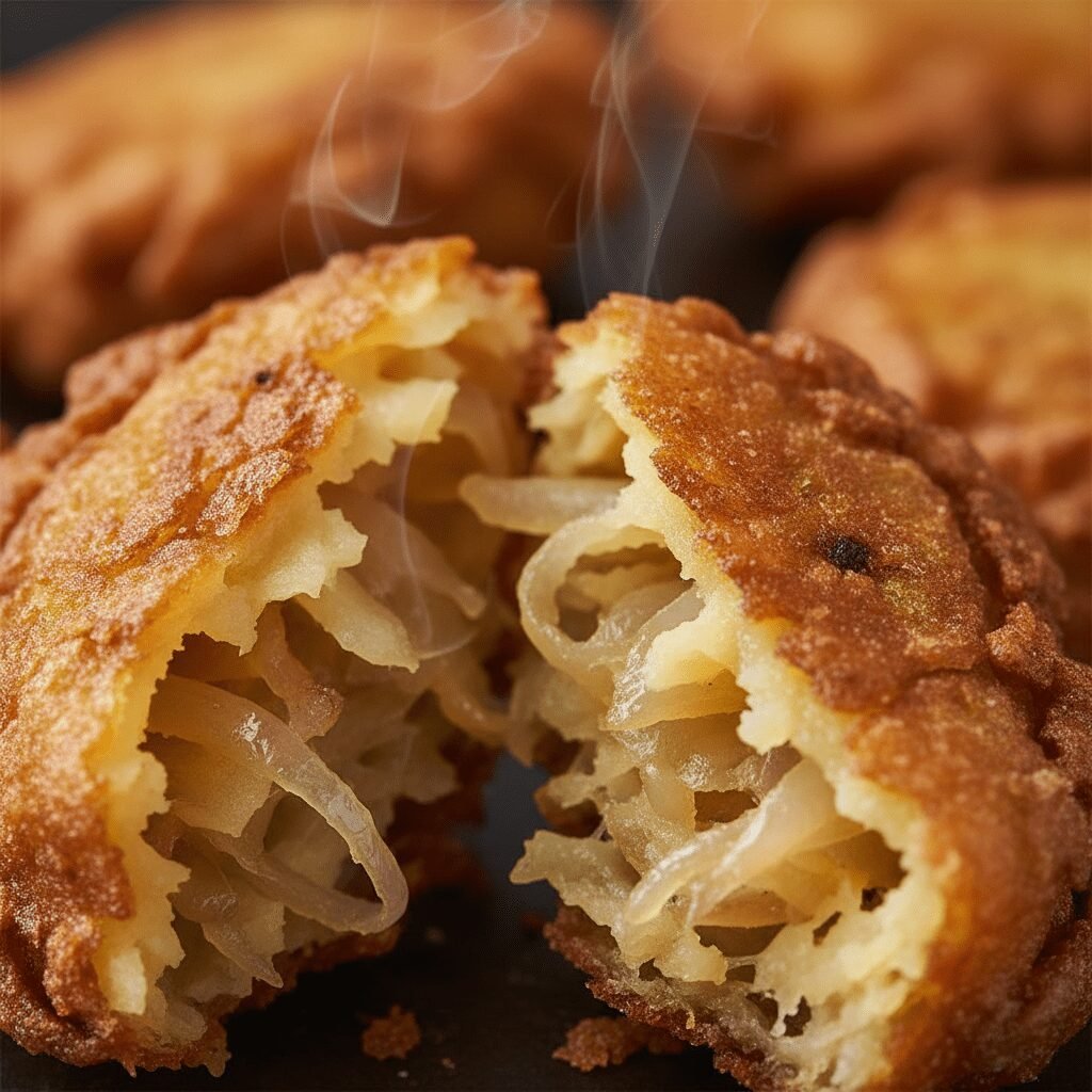 Photorealistic, extreme close-up of a single crispy onion pakora, broken in half