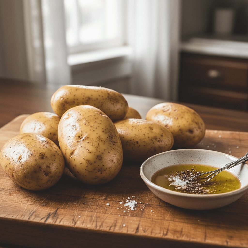Photorealistic image of raw Russet potatoes, scrubbed clean, next to a small bow
