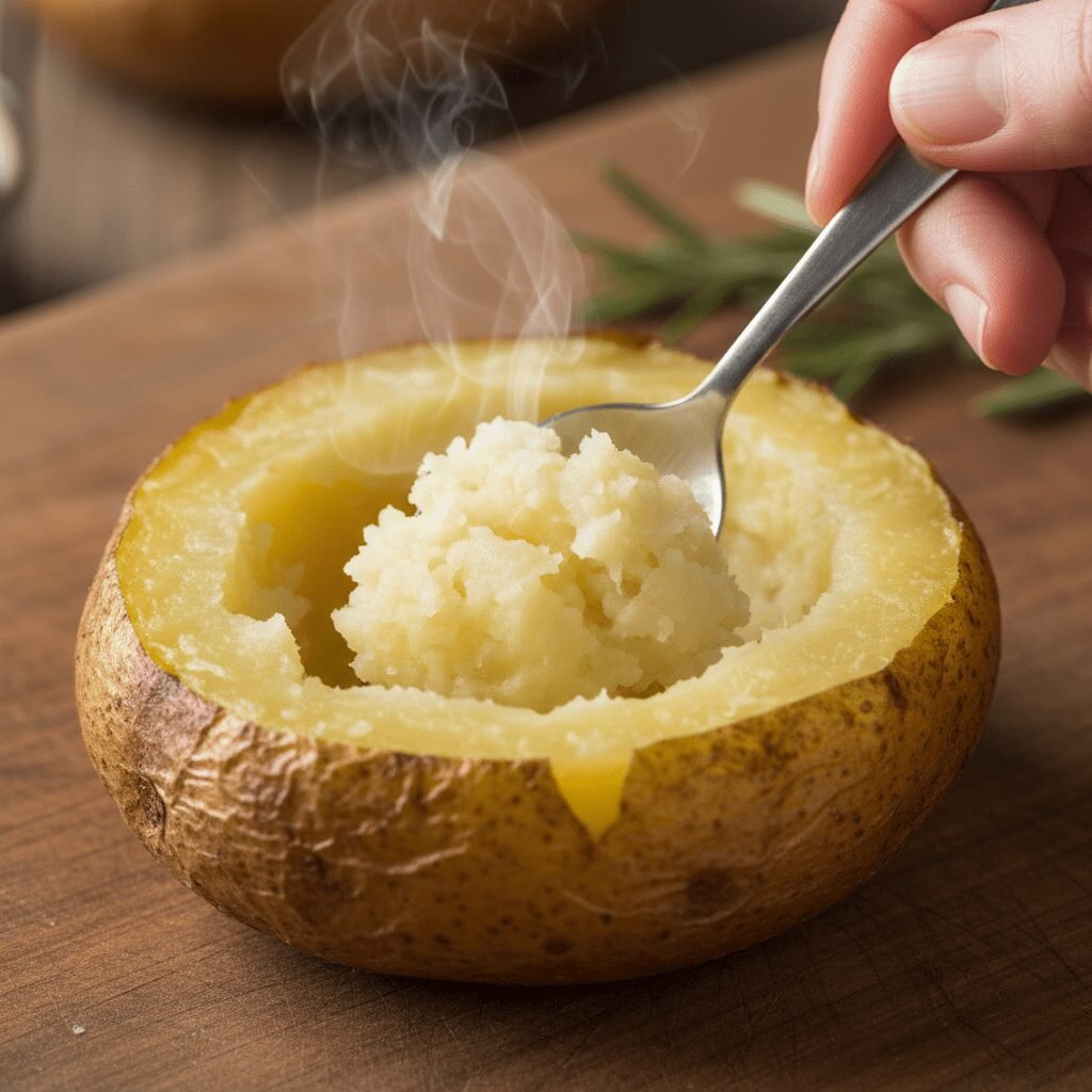Photorealistic close-up shot of a hand carefully scooping out the cooked potato 