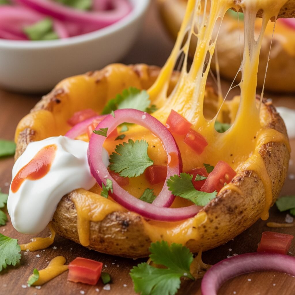 Photorealistic extreme close-up of a single Crispy Potato Skin Nacho, showing th