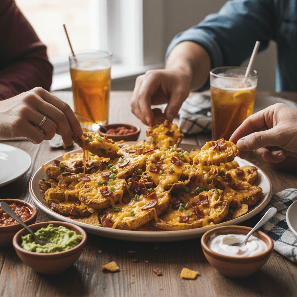Photorealistic image of a casual, inviting table setting with a large platter of