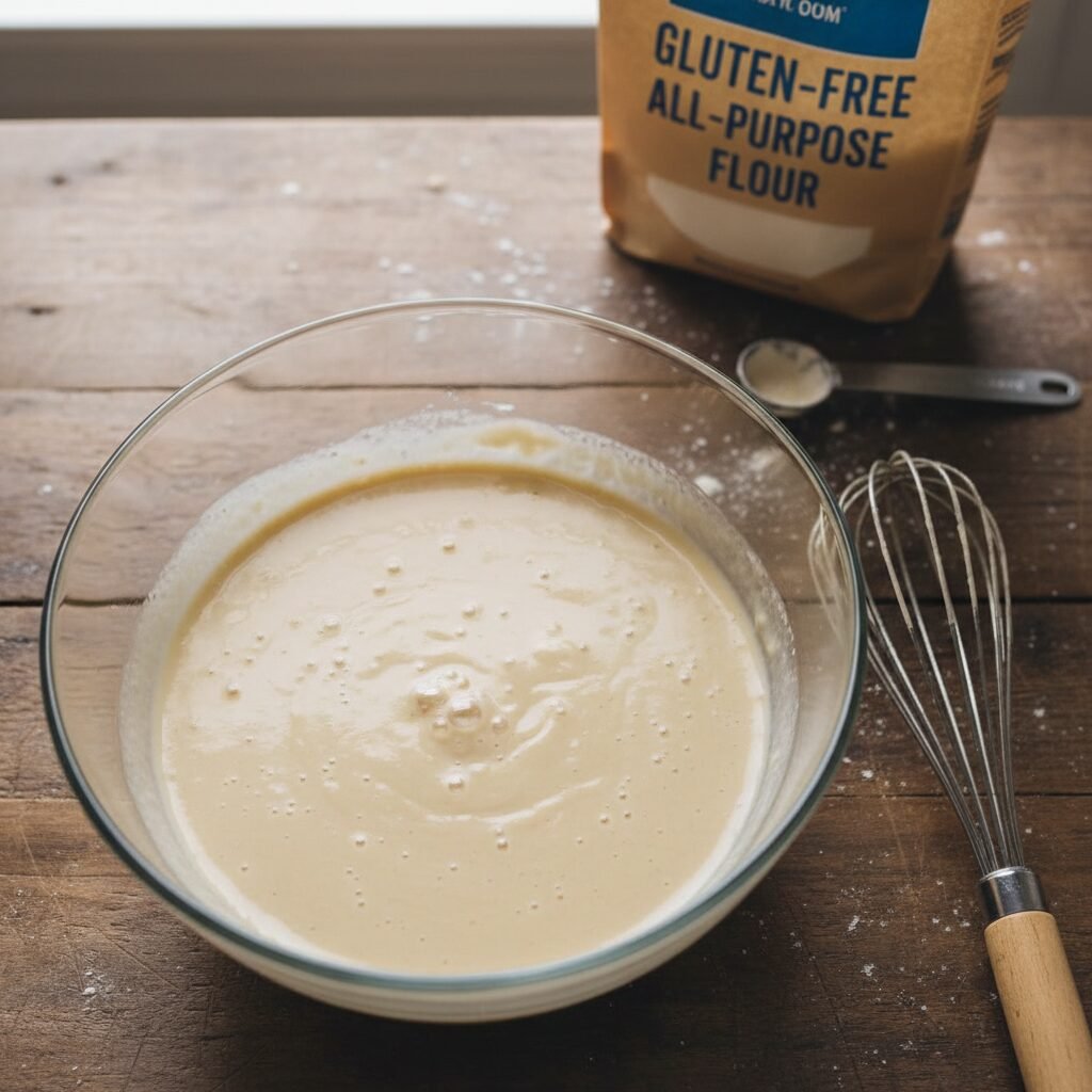 Photorealistic, top-down shot of the raw crepe batter in a clear glass bowl, res