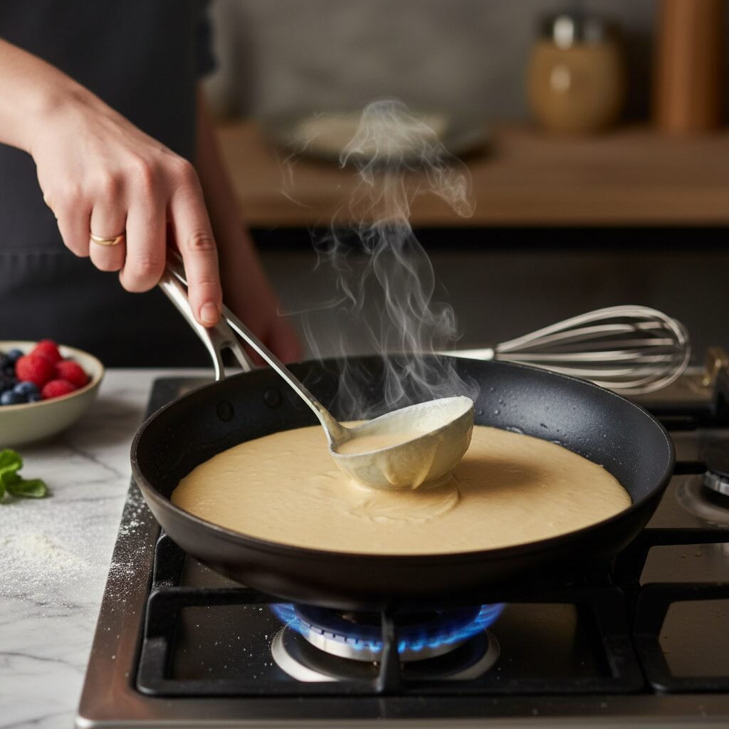 Photorealistic, close-up action shot of a hand gently swirling a ladle of crepe 
