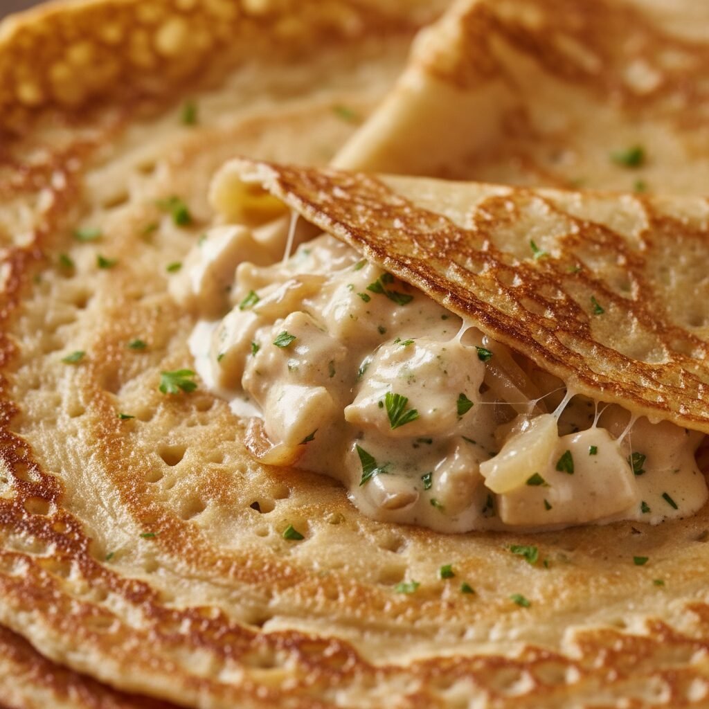Photorealistic, extreme close-up of a cooked savory crepe, showing its golden-br