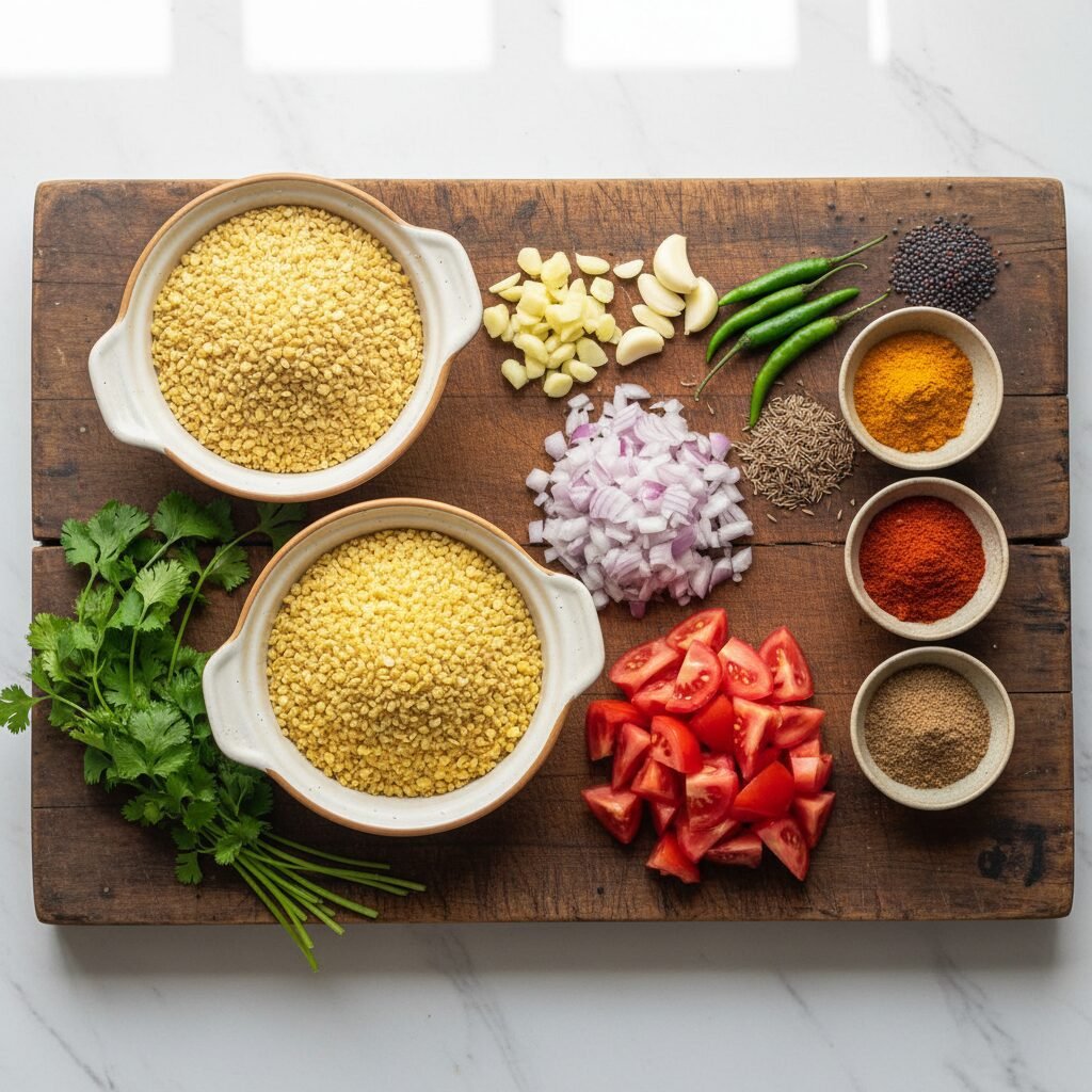 Photorealistic, overhead shot of all raw ingredients for Dhaba Style Dal Tadka n