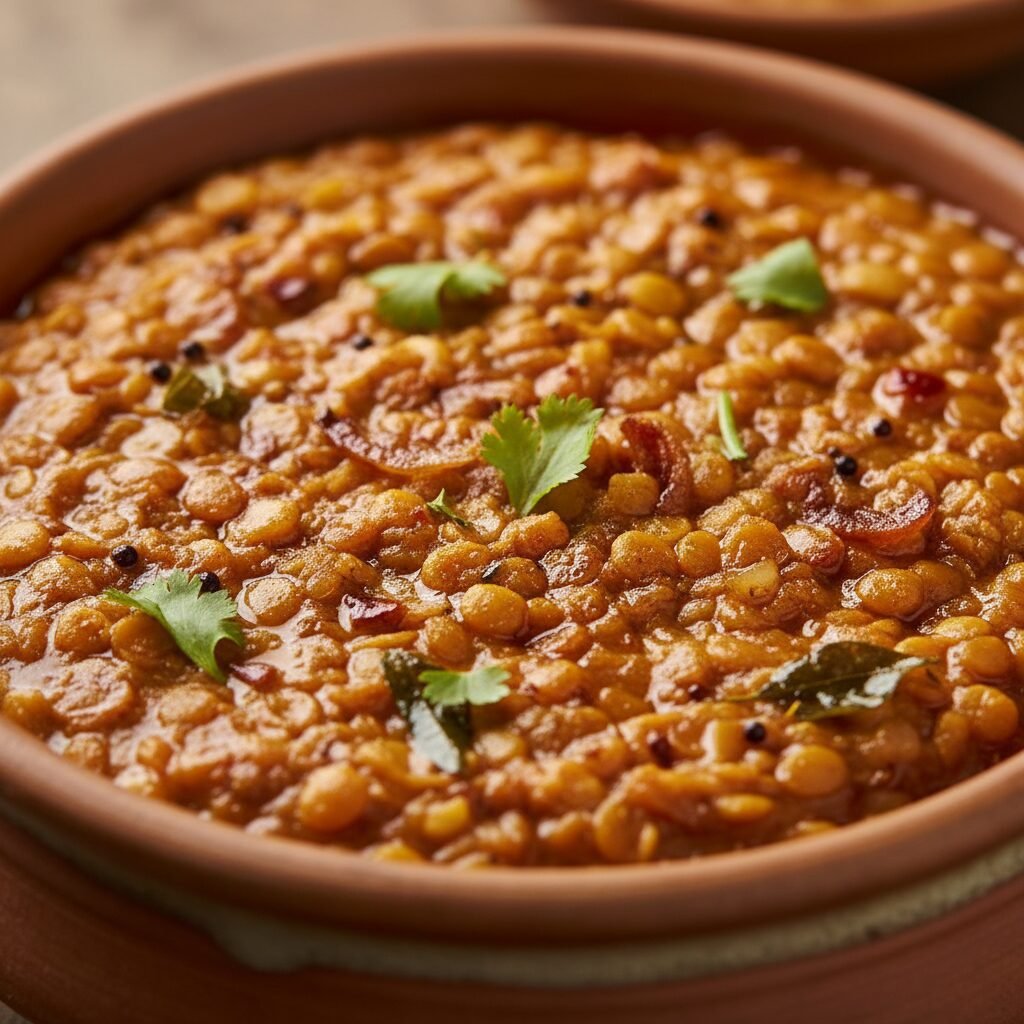 Photorealistic, extreme close-up shot of the creamy texture of the cooked Dhaba