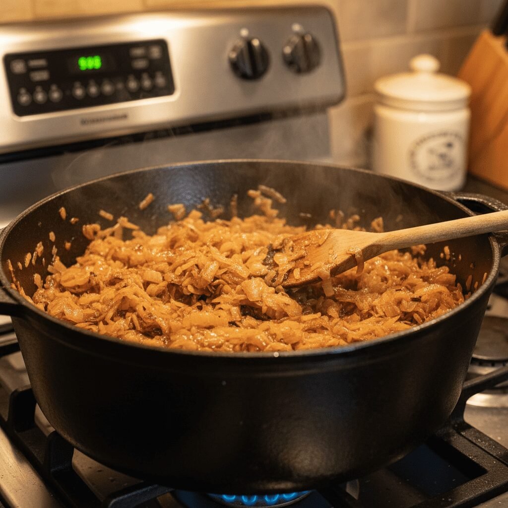 Photorealistic, close-up shot of chopped onions caramelizing in a large heavy-bo
