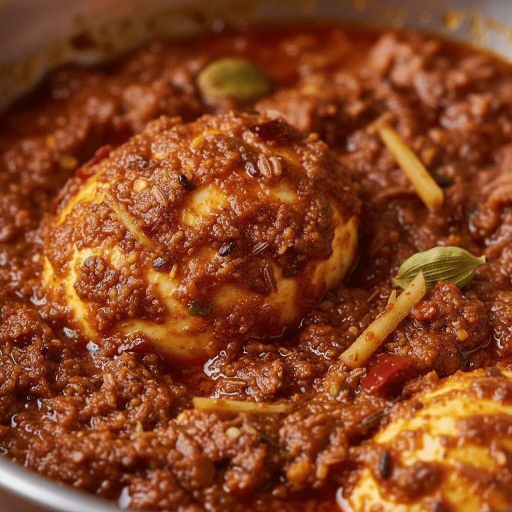 Photorealistic, extreme close-up shot of the Dhaba Style Indian Egg Curry gravy,