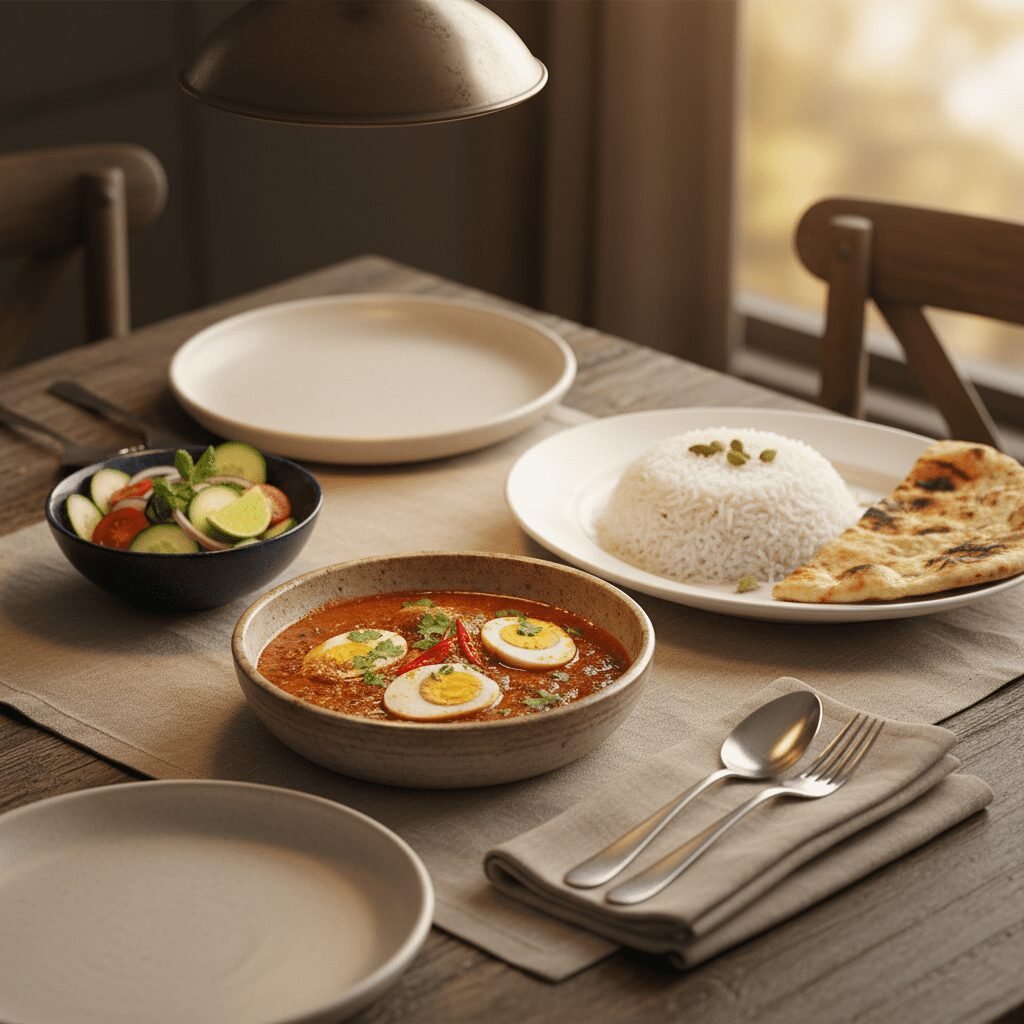 Photorealistic, beautifully styled dinner table setting featuring a serving of D