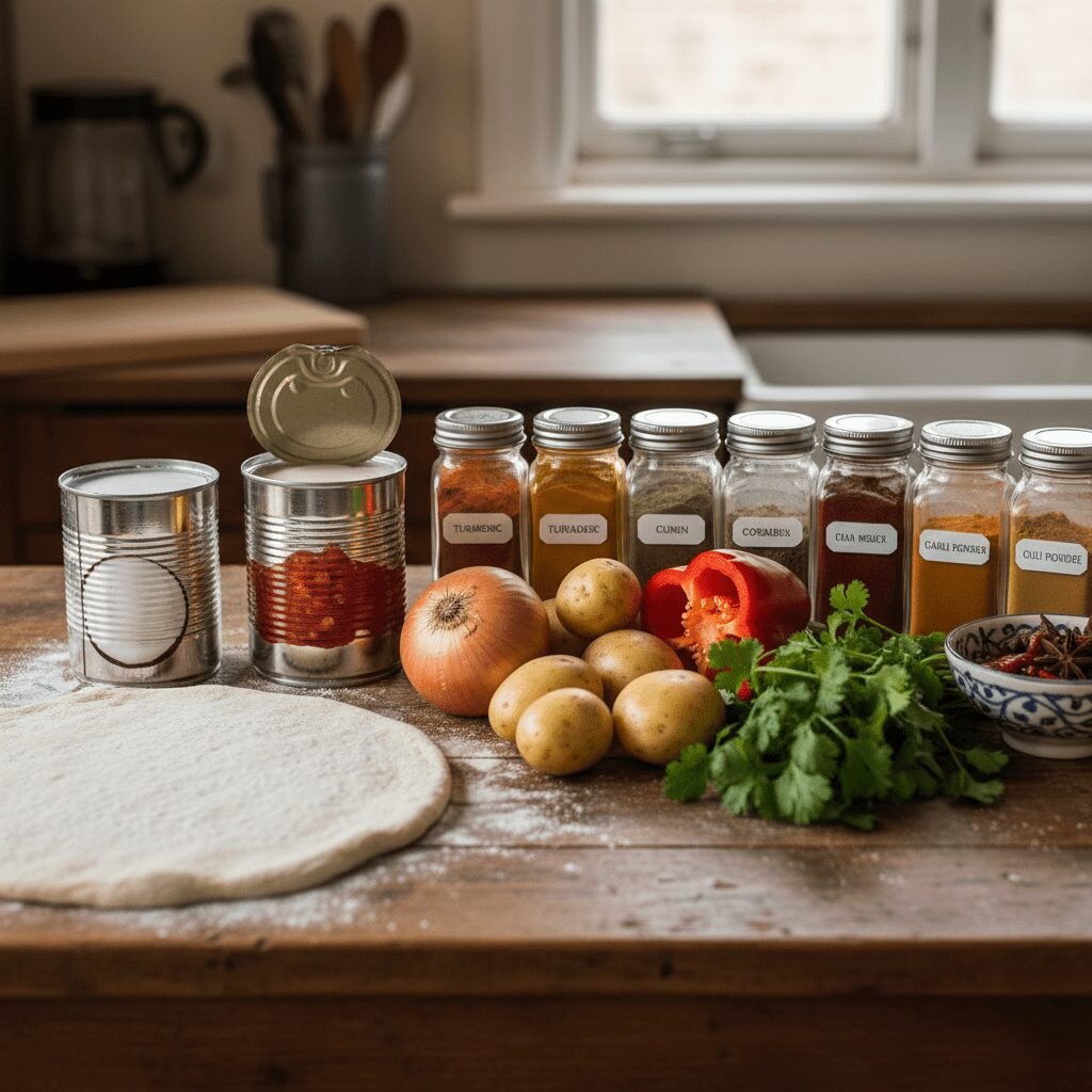 Photorealistic image of all the raw ingredients for the curry filling and bread 
