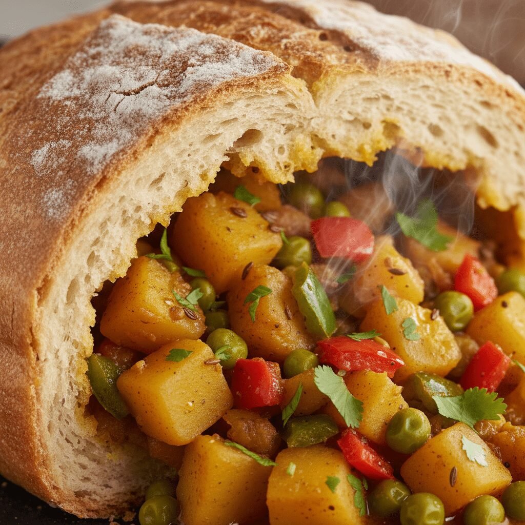 Extreme close-up, photorealistic shot of a slice of the Curry Stuffed Bread Loaf