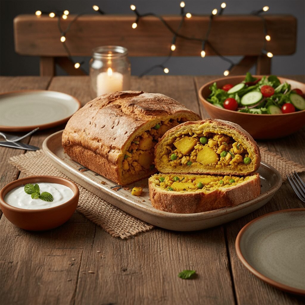 Photorealistic image of the Curry Stuffed Bread Loaf served as part of a cozy fa