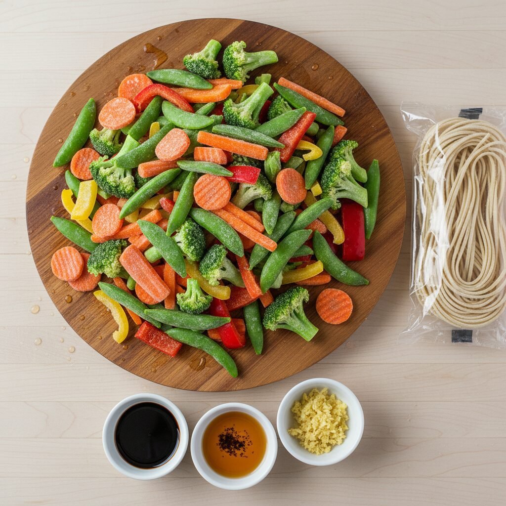 Photorealistic, overhead shot of a cutting board with a colorful assortment of f