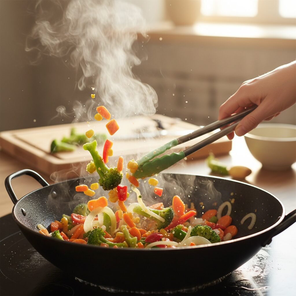 Photorealistic, close-up action shot of a large, hot wok or skillet with vibrant