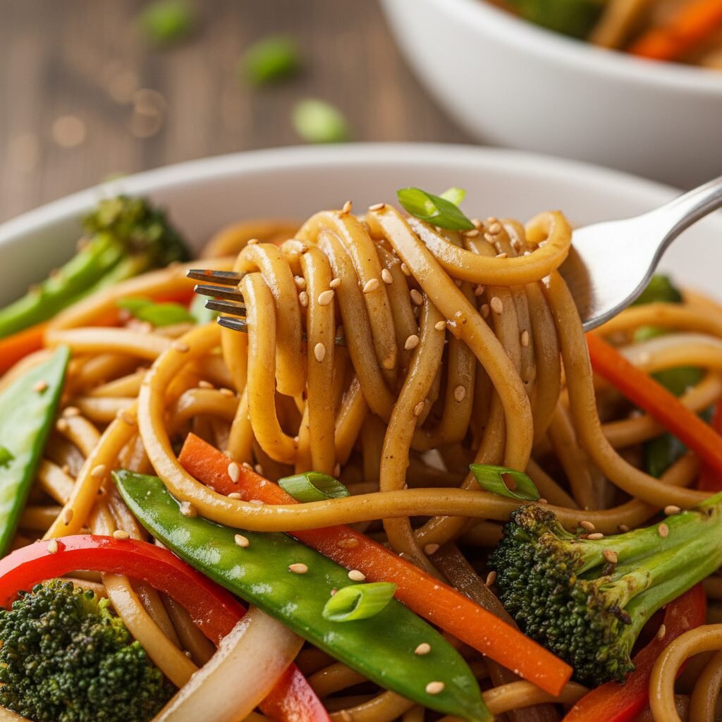 Photorealistic, extreme close-up of the Easy Vegetable Lo Mein, focusing on the 