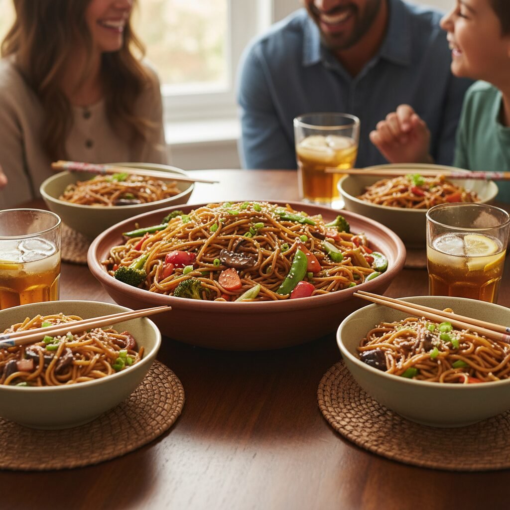 Photorealistic, a beautifully set dinner table with a large serving bowl of Easy