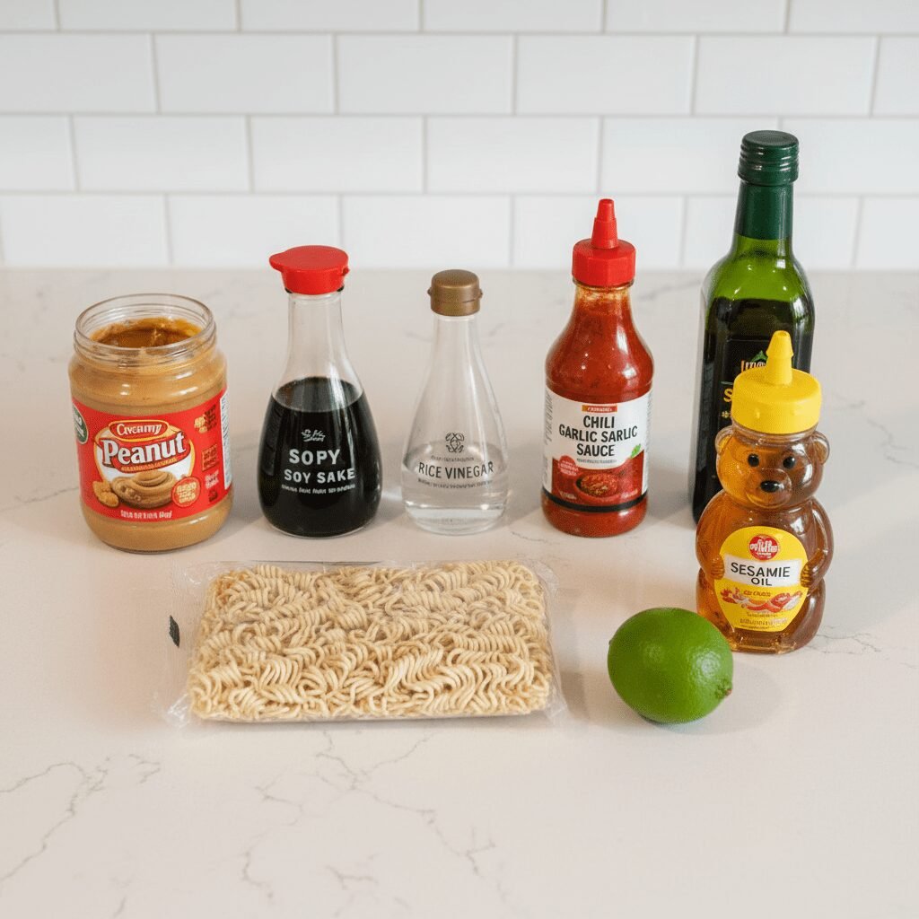 Photorealistic image of the raw ingredients for spicy peanut noodles laid out on