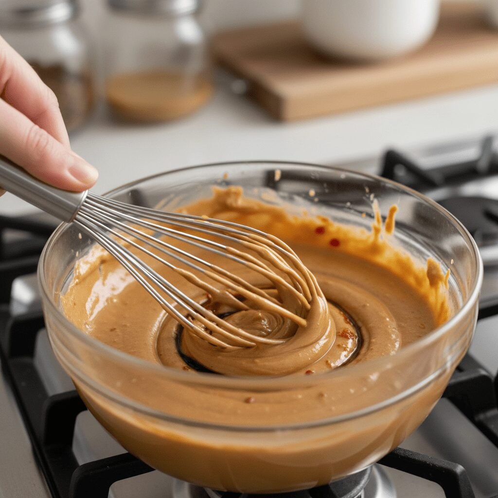 Photorealistic close-up shot of a whisk actively mixing the peanut sauce ingredi