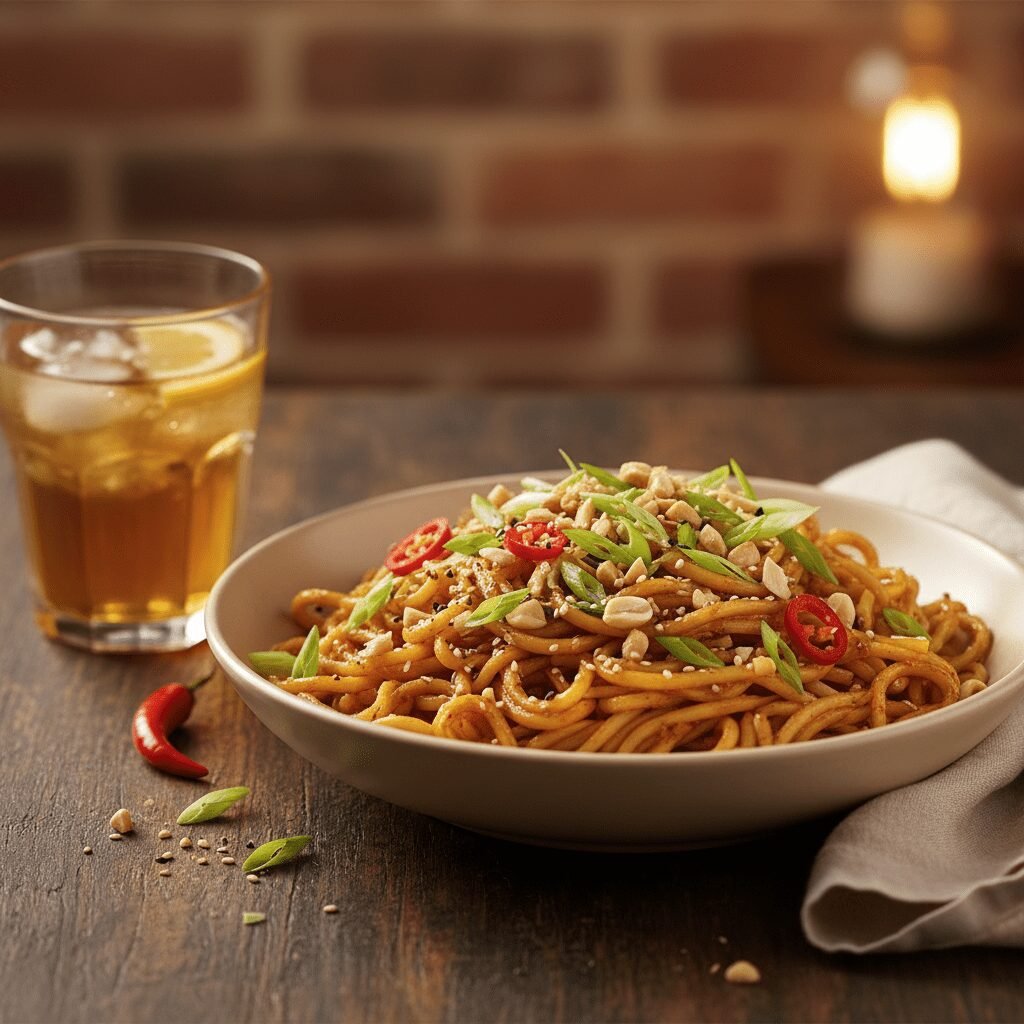 Photorealistic image of the final dish, a beautifully plated bowl of spicy peanu