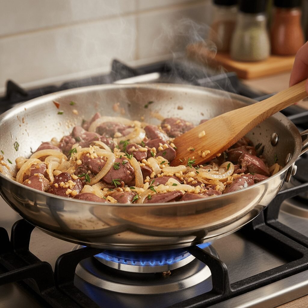 Photorealistic, close-up shot of chicken livers and sautéed onions/garlic being