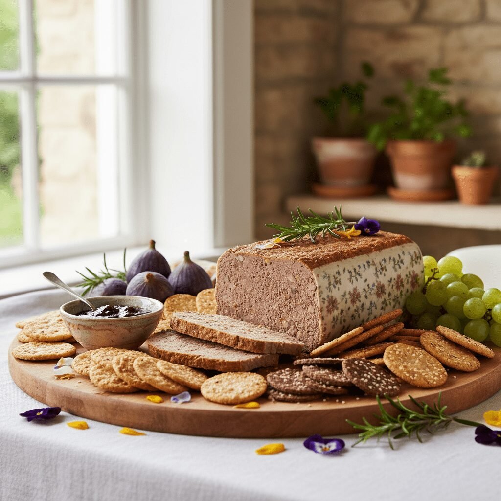 Photorealistic, beautifully styled table setting with the finished pate served i