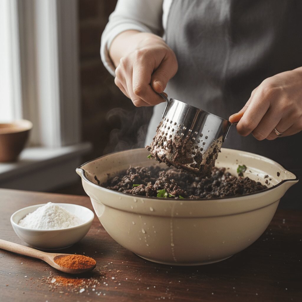 Photorealistic close-up shot of hands gently mashing black beans in a large mixi