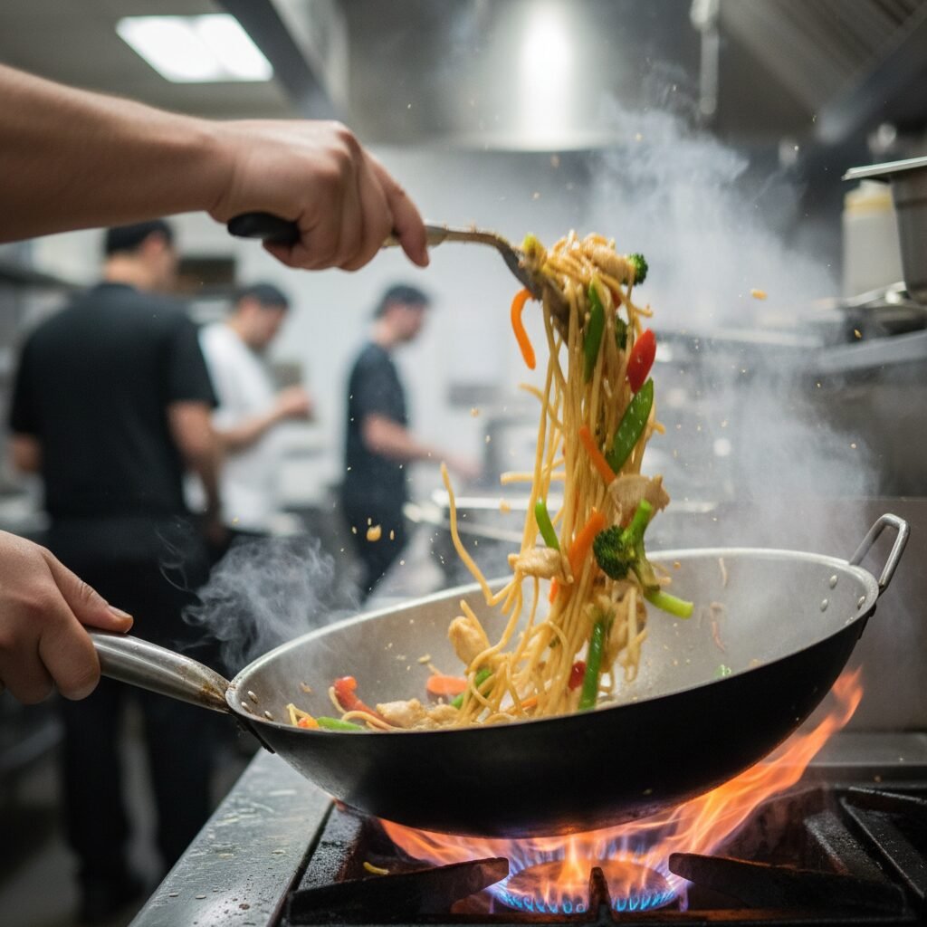 Photorealistic, dynamic action shot of a chef's hand (or a mom's hand) vigorousl