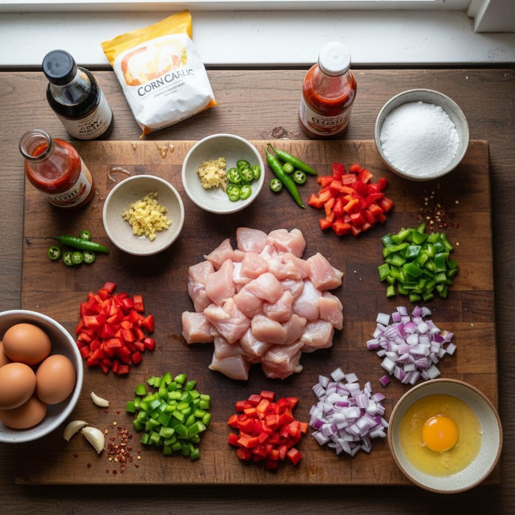 Photorealistic, overhead shot of all raw ingredients for Sticky Spicy Chicken Ma