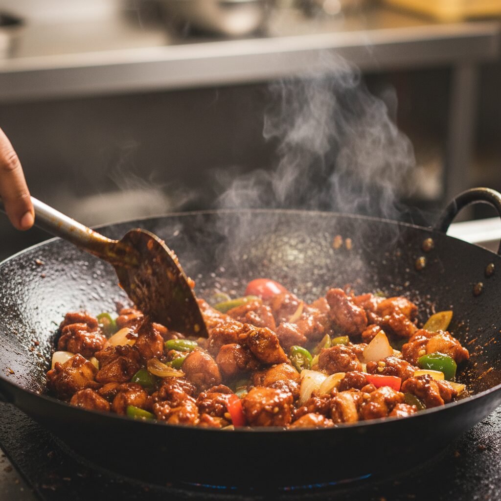 Photorealistic, close-up action shot of chicken pieces being stir-fried in a lar