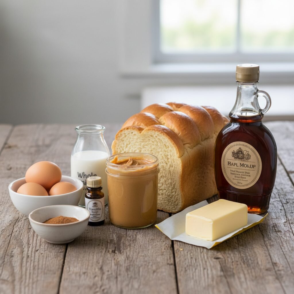 Photorealistic image of all the raw ingredients for Fried Peanut Butter French T