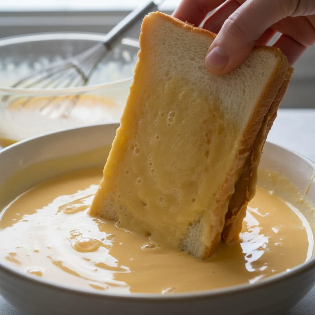 Photorealistic close-up shot of a peanut butter sandwich being carefully dipped 