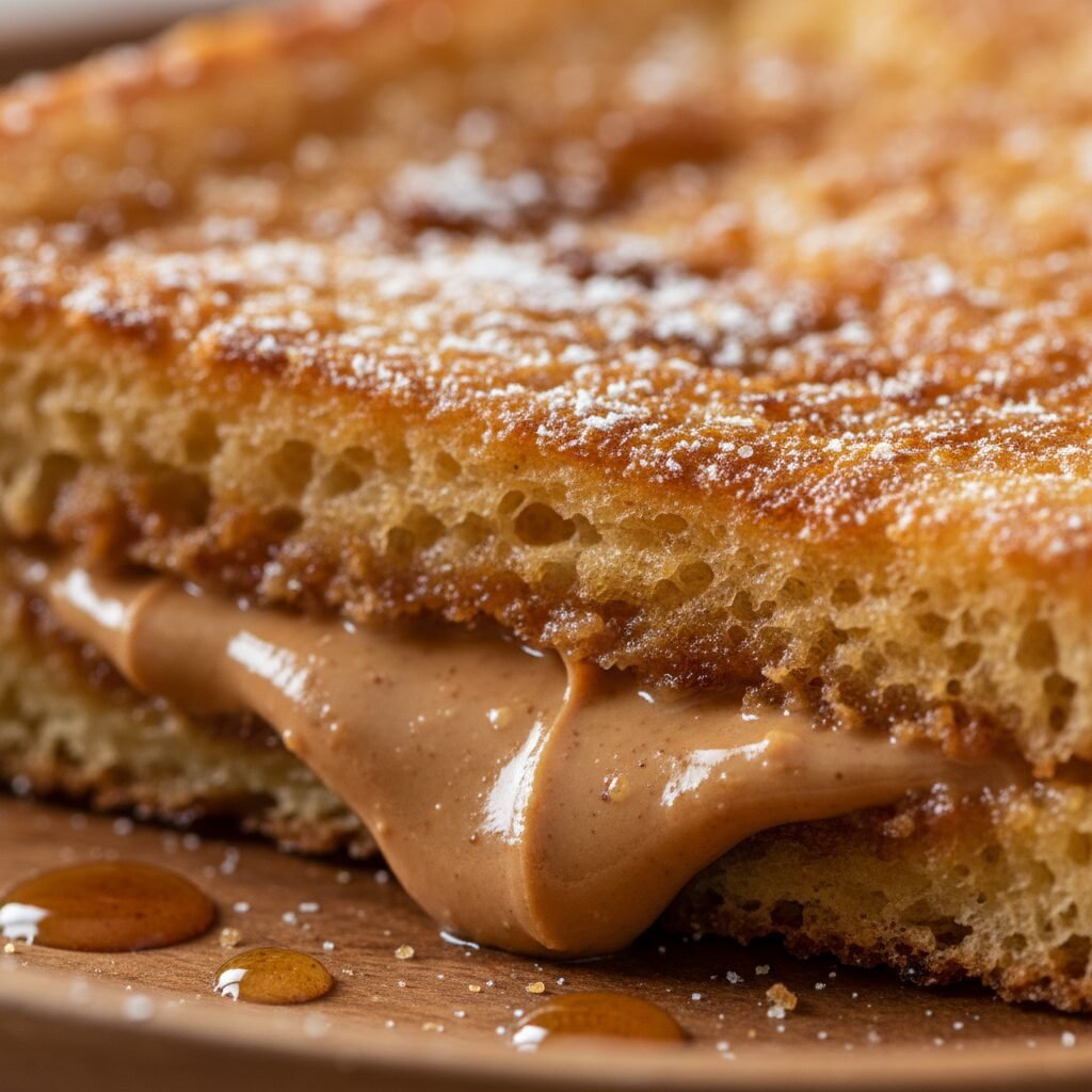 Photorealistic extreme close-up, macro shot of the crispy, golden-brown crust of