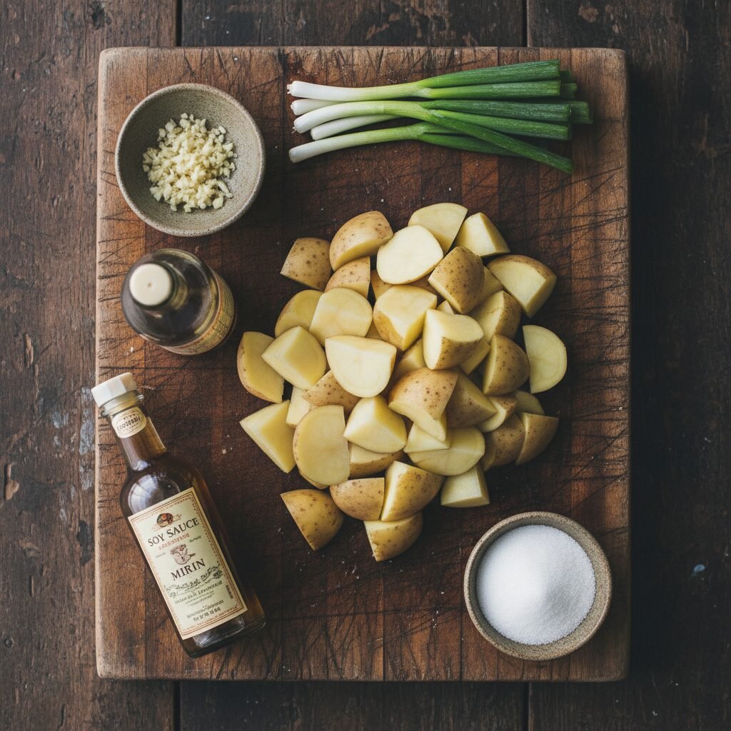 Photorealistic, overhead shot of raw ingredients for Gamja Jorim neatly arranged